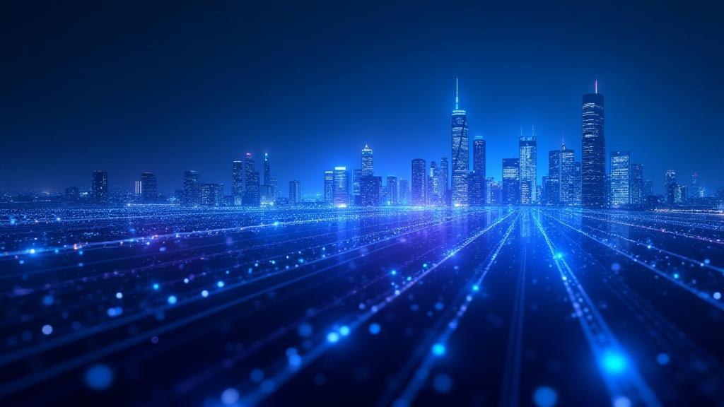 Abstract digital network connecting futuristic city skyline, representing high-speed fiber broadband in Dubai.