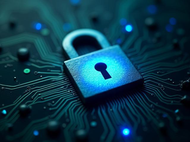 Padlock icon within a complex digital circuit board, symbolizing cybersecurity and data protection.