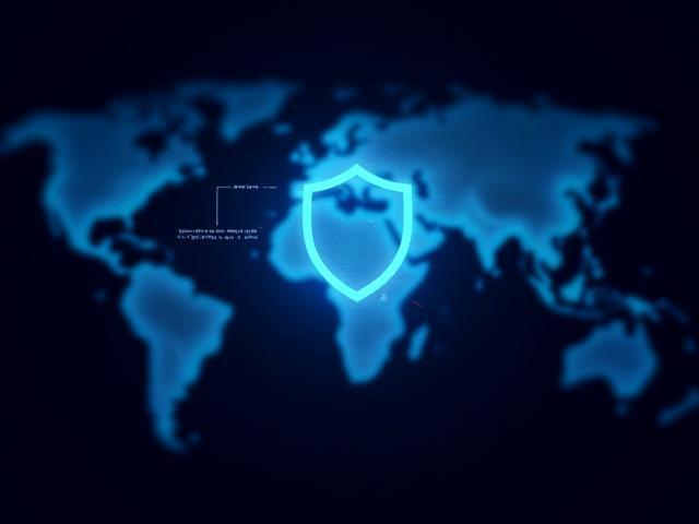 Digital security shield overlayed on a global network map, representing secure data connectivity.