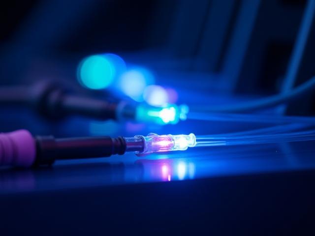 Close-up of fiber optic cables glowing, symbolizing high-speed data transmission.