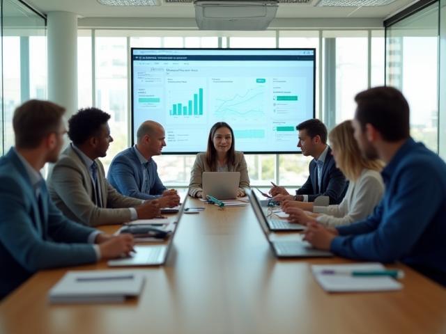 Diverse group of professionals collaborating in a modern meeting room, representing IT consulting.