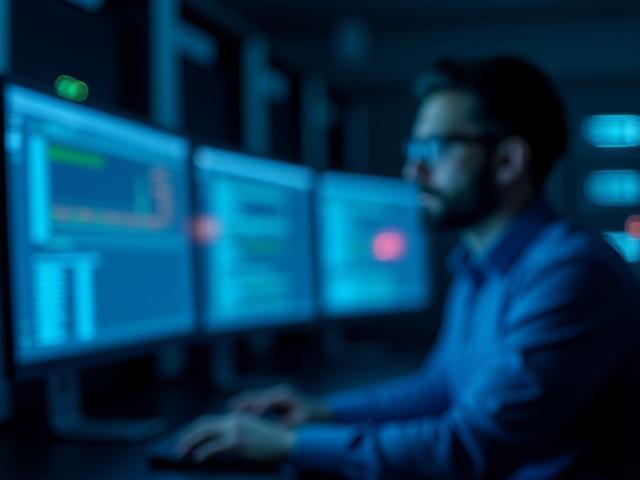IT professional monitoring network infrastructure on multiple screens, showing network management.
