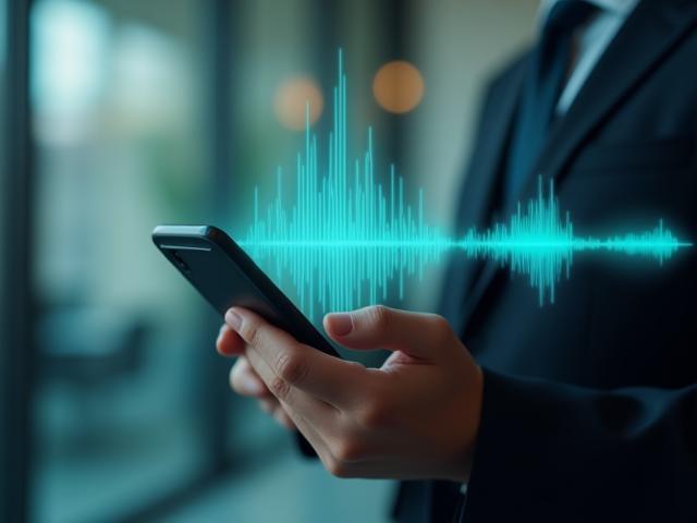 Hand holding a smartphone with digital voice waveforms, representing VoIP communication.