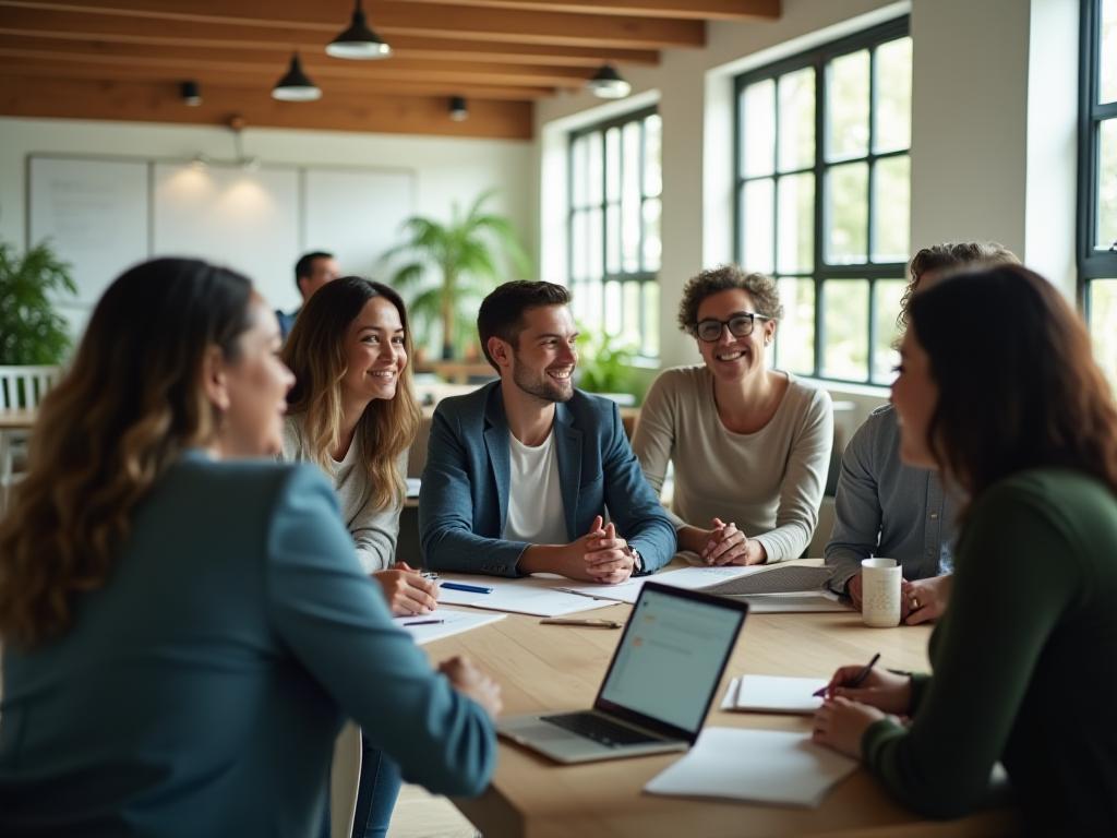 Diverse team of professionals collaborating in a modern, light-filled office space, symbolizing Al Safwa's expertise and support.
